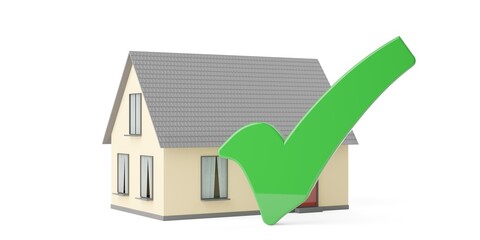 Miniature model house with green checkmark over white background, house or home check or inspection result concept