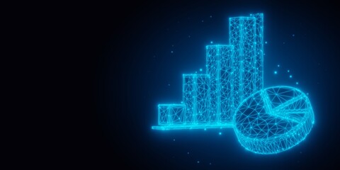 Blue glowing wireframe rising bar graph and abstract pie chart diagram on dark black background with copy space, business or finance technology template concept