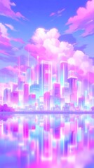 Fototapeta premium Futuristic Cityscape in Vibrant Hues, a dazzling skyline showcasing radiant blue and purple lights mirrored on serene waters, capturing the essence of city pop aesthetics.