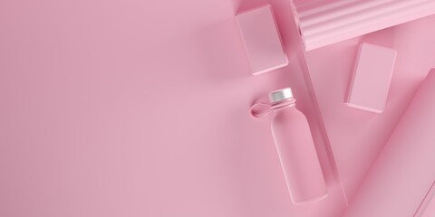 Pink yoga mat, yoga blocks and water bottle on pink background, healthy lifestyle, hydration or fitness concept with copy space