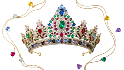 A colorful tiara with precious stones on transparent background, symbolizing luxury and beauty in Brazilian Carnaval