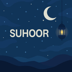 Suhoor night scene with crescent moon, lantern, clouds and Islamic hills © HENA