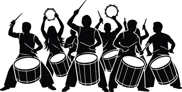 Energetic silhouette of a percussion ensemble passionately playing large carnival drums and holding tambourines during a lively performance