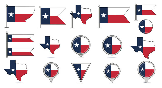 Collection of Texas state flags shown in different shapes and styles including map outlines pins and traditional banners isolated on white.