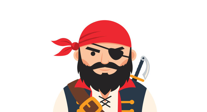 A cartoon illustration of a tough-looking pirate character with a thick black beard an eyepatch and a red bandana on his head.