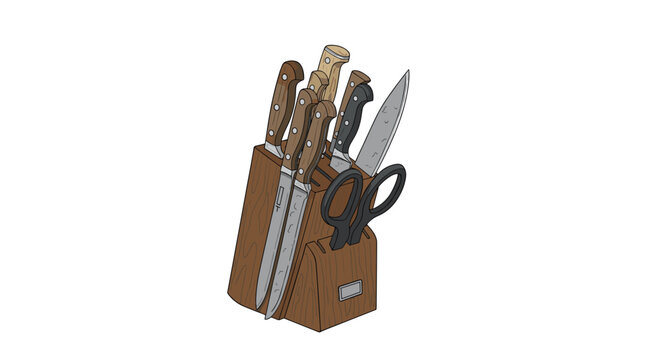 A detailed and realistic colored illustration of a wooden kitchen knife block set holding various knives and a pair of scissors.
