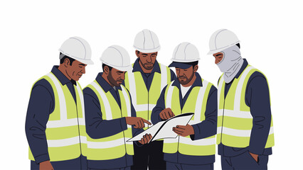 Five construction workers in hard hats and high-visibility vests reviewing plans on a job site.