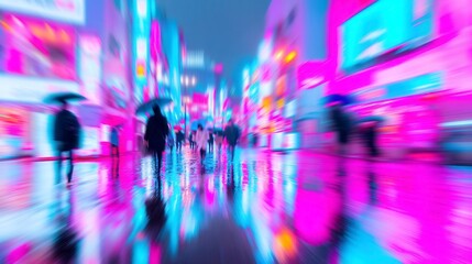 Vibrant Rainy Cityscape, an enchanting urban scene with shimmering neon reflections, soft silhouettes gliding through the rain, evoking a sense of dynamic tranquility.