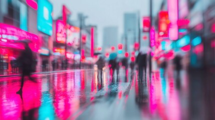 Vibrant Urban Rainscape, a lively street scene illuminated by colorful neon lights, with blurred figures creating a dynamic, atmospheric backdrop amidst the rain.