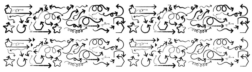 Hand-drawn vector arrow in Different style. Scribble zigzag doodle arrow direction sign. Editable line art arrow textures mixing crayon and chalk dust pattern