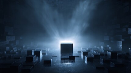 Trust concept with luminous central data vault surrounded by dark blocks in a digital space