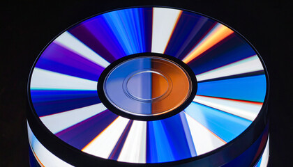Vibrant blue and orange radial reflections on a stack of optical discs