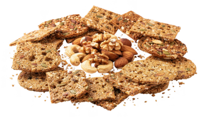 Assortment of crunchy nuts accompanied by whole grain crackers isolated on white representing a healthy snack option to prevent energy drops through combined protein and