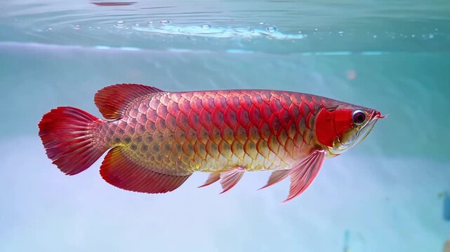 Red Arowana Fish Swimming Gracefully in Clear Aquarium Water with Elegant Scales and Luxury Exotic Aquatic Beauty Concept
