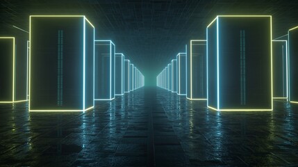 Neon frames create a bright perimeter around a central area at night
