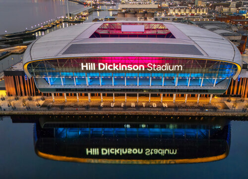 Everton Football Club, Merseyside, United Kingdom. 11.22.2025 Aerial image of Everton&rsquo;s new Hill Dickinson stadium on Bramley Moore Dock along the River Mersey, 22nd Nov 2025.