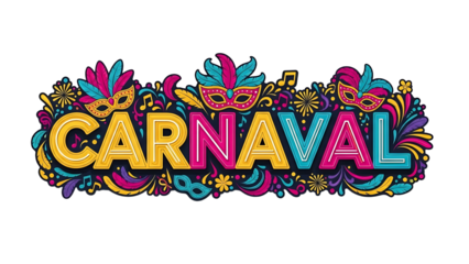 Vibrant Brazilian Carnaval logo with colorful masks and feathers on transparent background