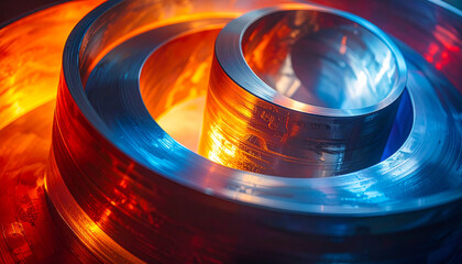 Dynamic metallic spiral illuminated by contrasting orange and blue light