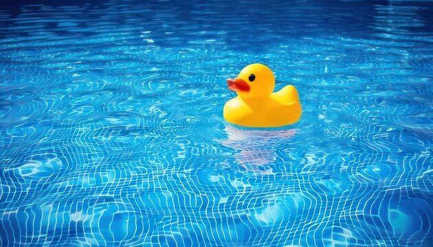 Rubber ducky floating peacefully in a clear blue swimming pool.