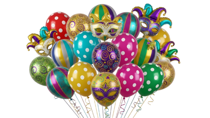 A vibrant bunch of colorful balloons and masks on transparent background for Brazilian Carnaval celebrations