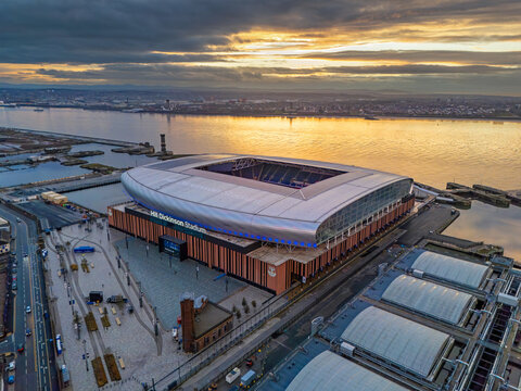 Everton Football Club, Merseyside, United Kingdom. 11.22.2025 Aerial image of Everton&rsquo;s new Hill Dickinson stadium on Bramley Moore Dock along the River Mersey, 22nd Nov 2025.