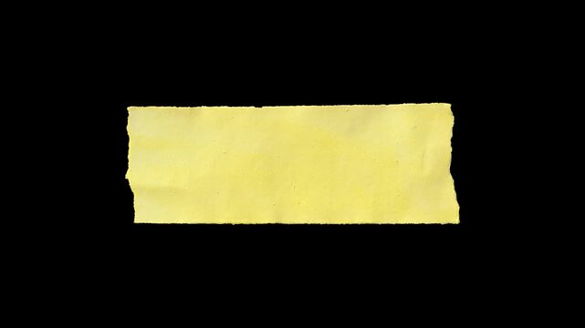 Animated yellow paper strip on black background, torn edge tape label for text placement, stop motion paper texture for creative titles and overlays.
