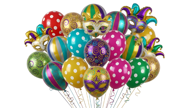 A vibrant bunch of colorful balloons and masks on transparent background for Brazilian Carnaval celebrations - Powered by Adobe