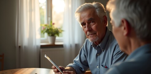 Thoughtful senior man using a digital device in a warm home environment, symbolizing independence, technology confidence, and emotional connection in later life.