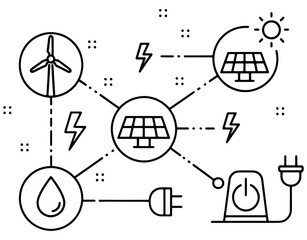 Obraz premium Renewable Energy Network and Smart Grid Concept. Minimalist Vector Illustration of Connected Solar, Wind, and Hydro Power Icons for Sustainable Technology and Green Energy Design.