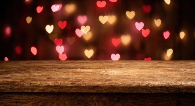 Empty old wooden table background with valentines day theme in background