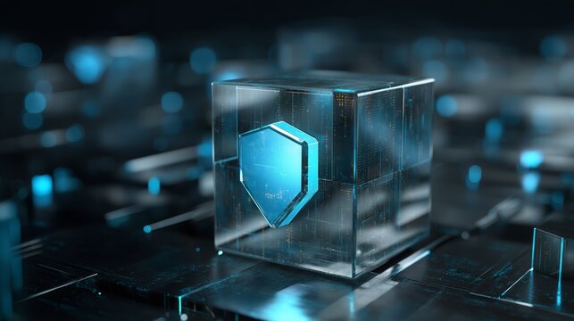 Glowing digital core inside clear cube with shield design and blue lights in a tech setting - Powered by Adobe