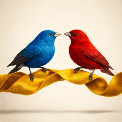 Fototapeta premium Symbolic Blue and Red Birds in Balanced Still Life Composition