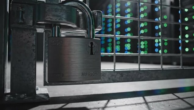 Data center security locked gate and servers with illuminated lights
