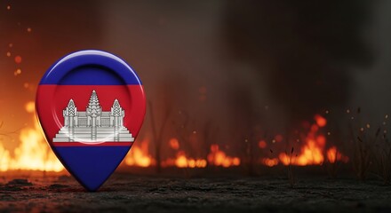 Cambodian flag pin on burning ground with flames