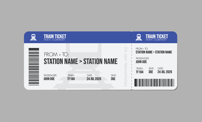 Fototapeta na wymiar Train ticket, train pass design, traveler check. Travel by rail transport. Vacation.
