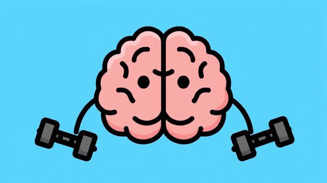 mental health with brain lifting dumbbells character Flat 2D vector outline illustration animation