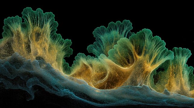 Bioluminescent Emerald and Gold Fractal Coral Formations