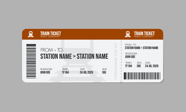 Train ticket, train pass design, traveler check. Travel by rail transport. Vacation.