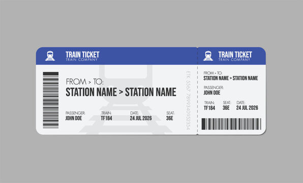 Train ticket, train pass design, traveler check. Travel by rail transport. Vacation.
