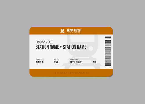 Train ticket, train pass design, traveler check. Travel by rail transport. Vacation.