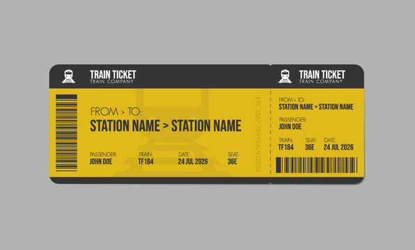 Train ticket, train pass design, traveler check. Travel by rail transport. Vacation.