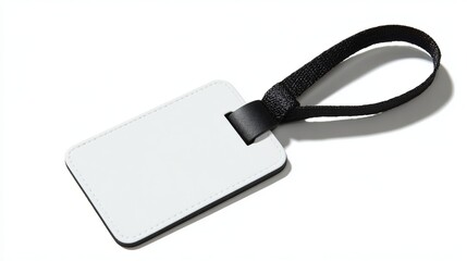 Obraz premium Blank white luggage tag with black strap and buckle.