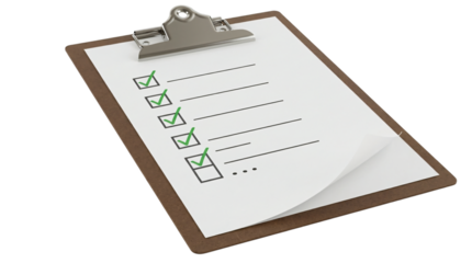 Clipboard with checklist in modern minimalist design with green checkmarks in soft natural lighting for office supplies