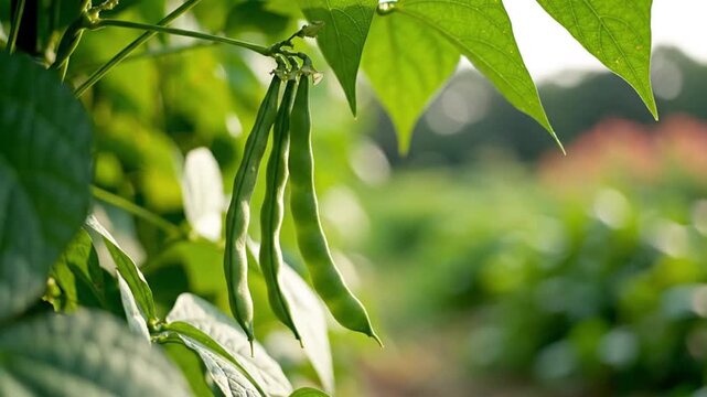 Green beans hanging from a plant against a blurred sunny vegetable garden background with space for text