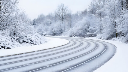 Curving road designed like running track with white markings covered in fresh snow during winter