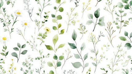 Seamless watercolor pattern featuring green leaves and white daisies on white background