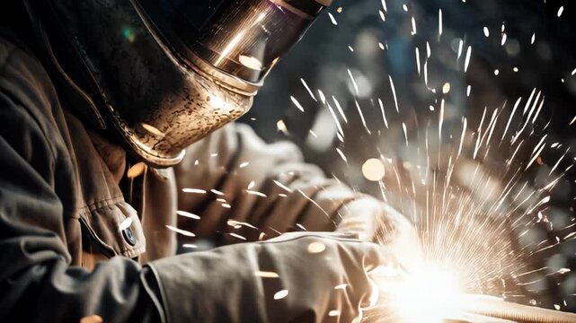Professional welder fabricating metal with bright sparks flying
