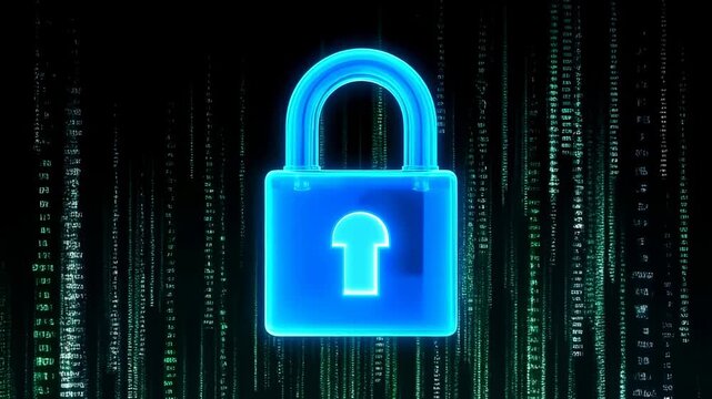 Digital security matrix with glowing locks in a data stream