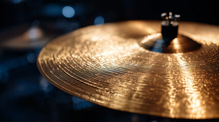 Macro close-up of a drum set cymbal, hammered metal texture and circular grooves visible, dramatic lighting capturing rhythm and percussion energy