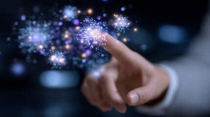 Close-up of a human hand interacting with glowing AI interface icons, soft blue and purple light reflecting on skin, futuristic technology concept